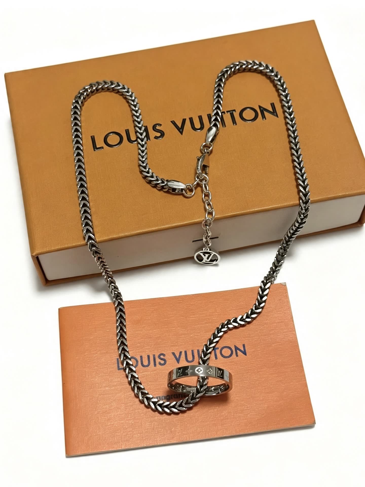 Louis Vuitton Silver Chain Necklace with Ring and Logo Charm